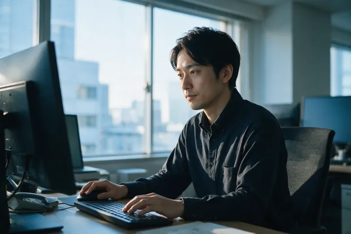 朝のオフィスで仕事に向かう男性