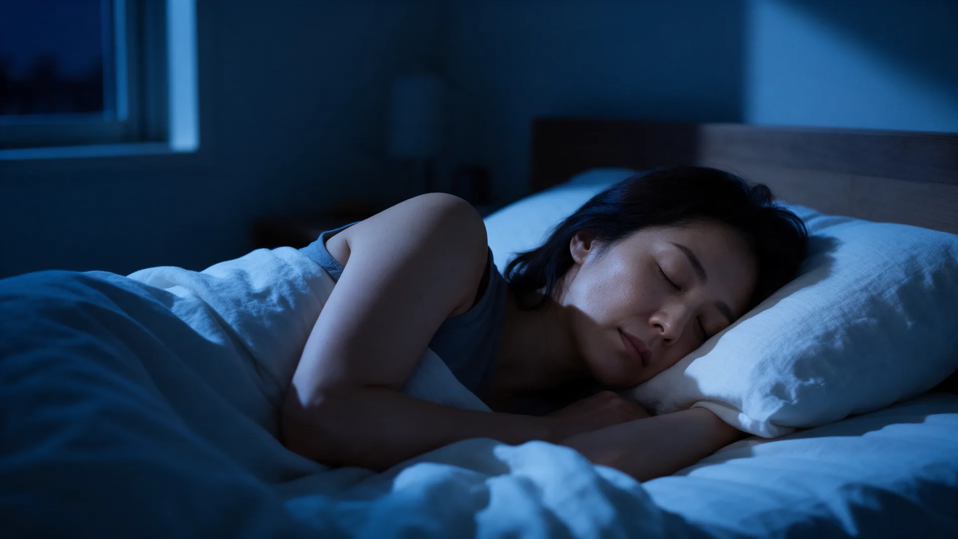 夜の寝室で穏やかに眠る女性
