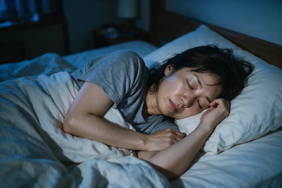 夜の寝室で眠る女性