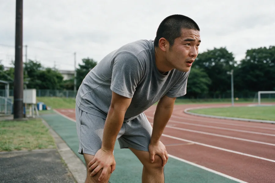 トラック脇で息を整える男性